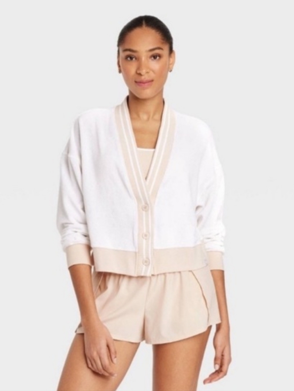 JoyLab White and Light Beige Cropped Button Cardigan